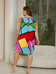 Geometric Print Tank Dress Round Neck Stretch Dress