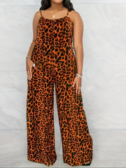 Leopard Spaghetti Print Wide Leg Jumpsuit Women's Clothing