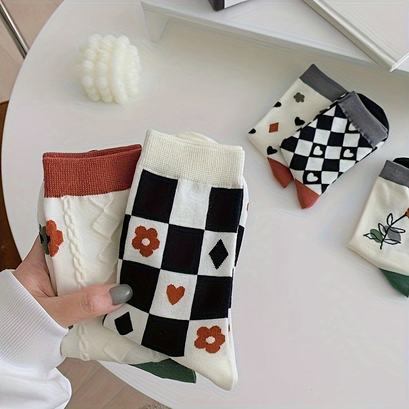 5 Pairs Floral & Plaid Print Socks Comfy Mid Tube Stockings