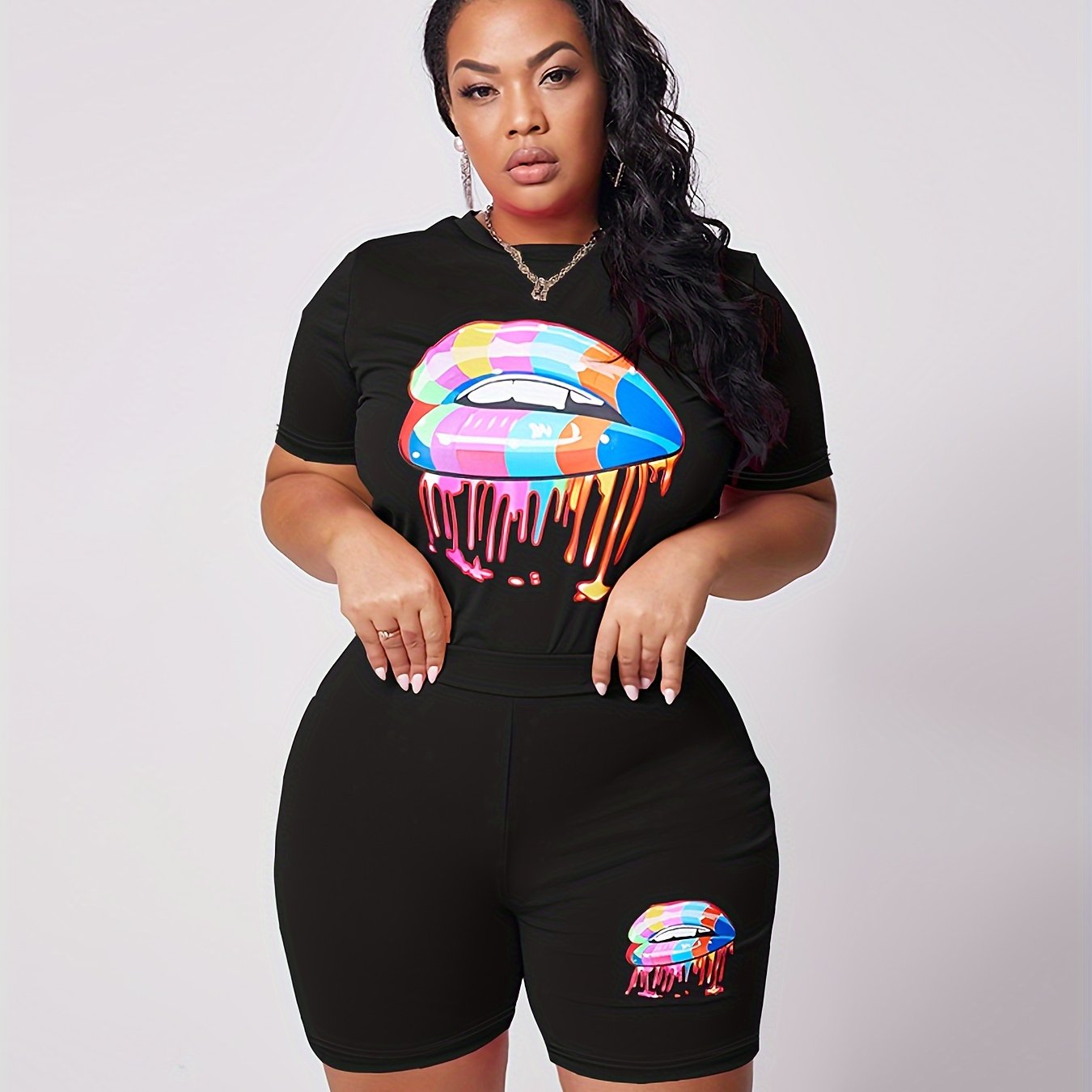 Lips Print Tee & Shorts Set Women's Activewear