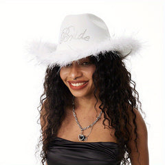 Y2K Feather Fedora Cap Rhinestone Bride Jazz Hat Hip Hop Felt Hat