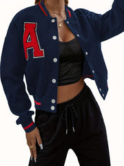 Alphabets Embroidered Varsity Jacket Casual Crop Button Front