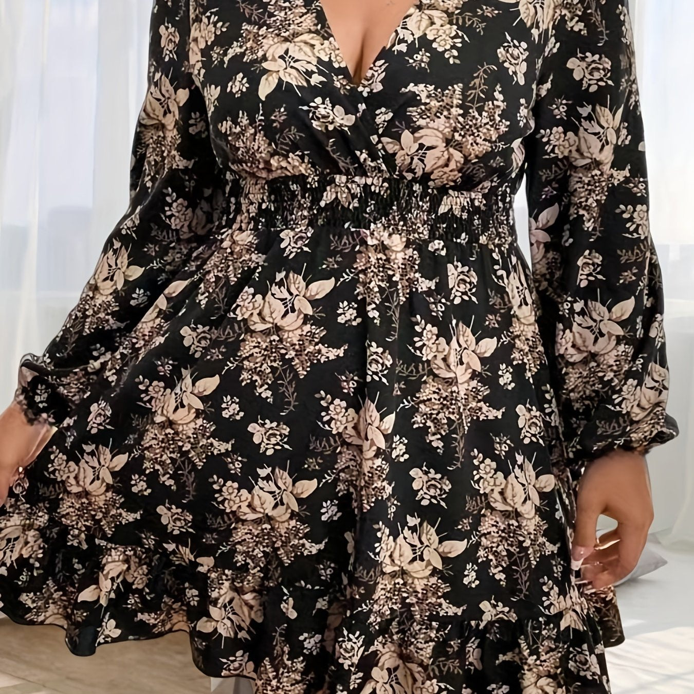 Floral Print Lantern Sleeve Plus Size Dress