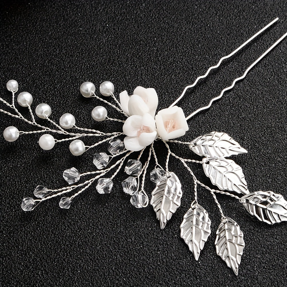 Faux Pearl Crystal Beads Bridal Hairpin Floral U Shaped Hair Sticks