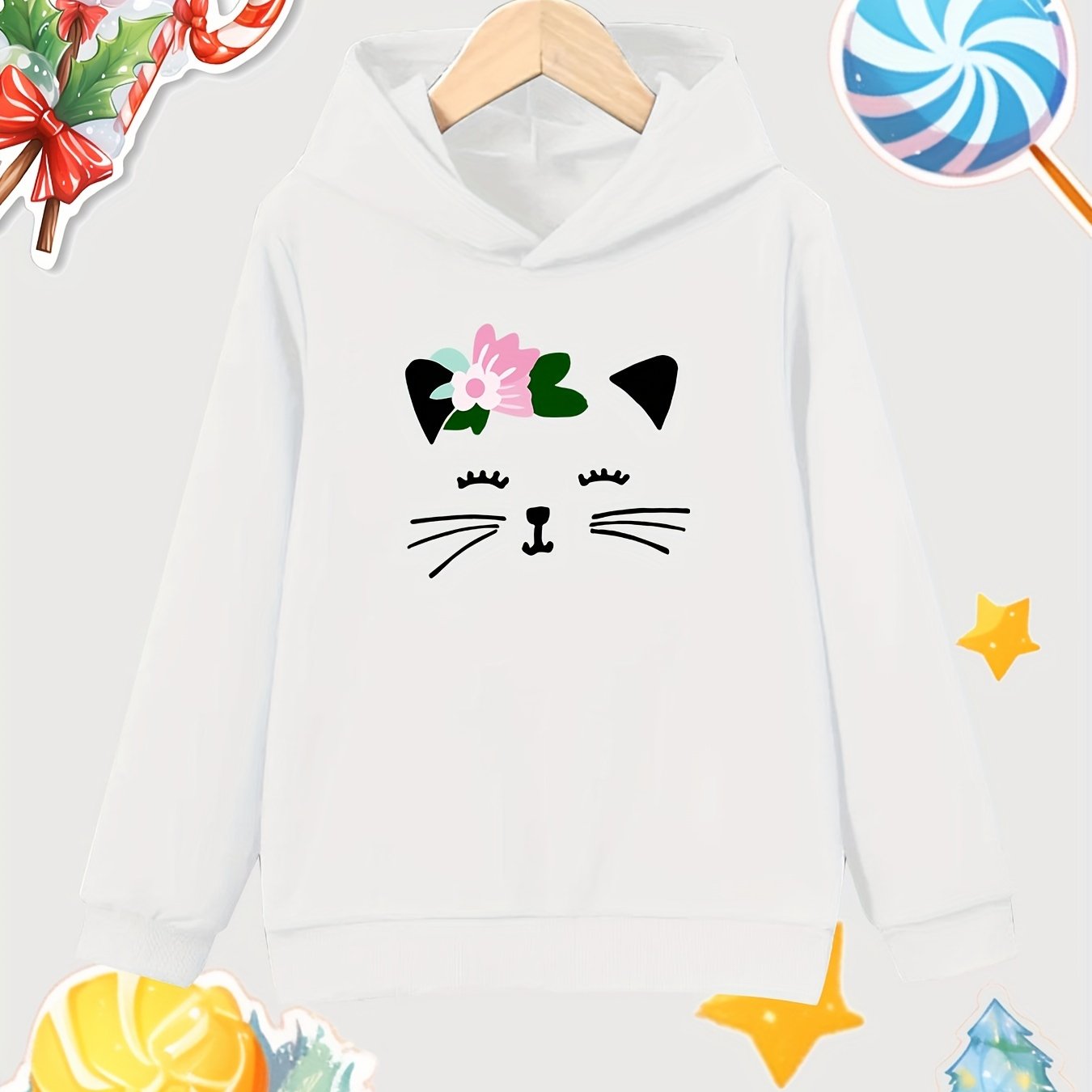 Cat Print Girls Cotton Pullover Hooded Sweatshirt for Autumn Winter