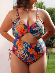 Floral Print Cut Out Drawstring Ruched Swimsuit