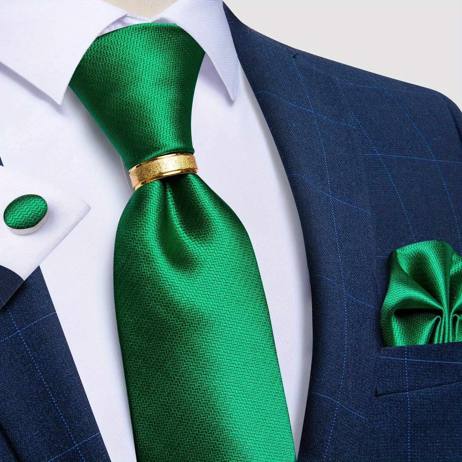 Men's Business Silk Tie Set W/ Ring Handkerchief Cufflinks