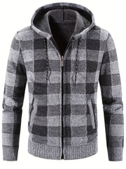 Men's Full Zip Up Casual Hooded Cardigan Plaid Sweater Jacket
