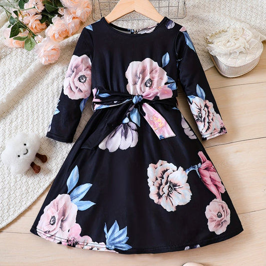 Floral Dress For Toddler Kid Girls Cropped Long Sleeve A line Belted Party