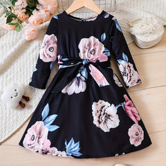Floral Dress For Toddler Kid Girls Cropped Long Sleeve A line Belted Party