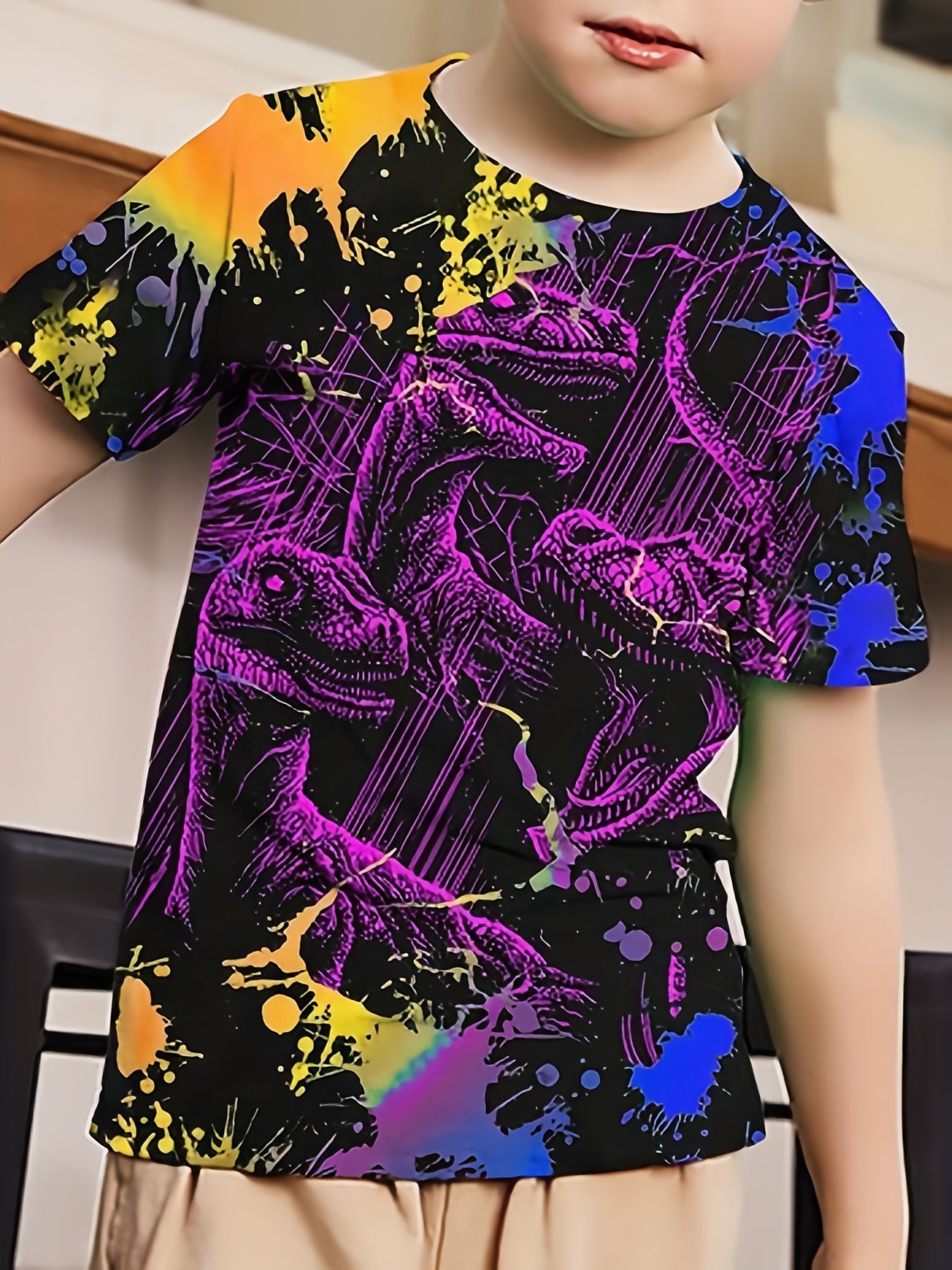 Boy's Splatter Dinosaur Graphic T shirt Casual Breathable Tee