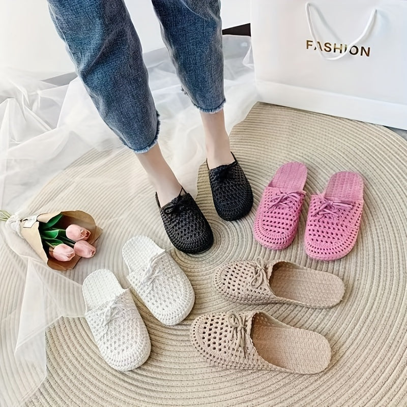 Women's Bowknot Hollow Out Flat Slides Closed Toe Mules