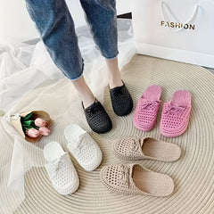 Women's Bowknot Hollow Out Flat Slides Closed Toe Mules