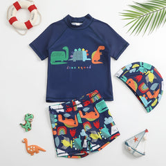 Kids Dinosaur Swimsuit Set - T Shirt, Trunks, Cap