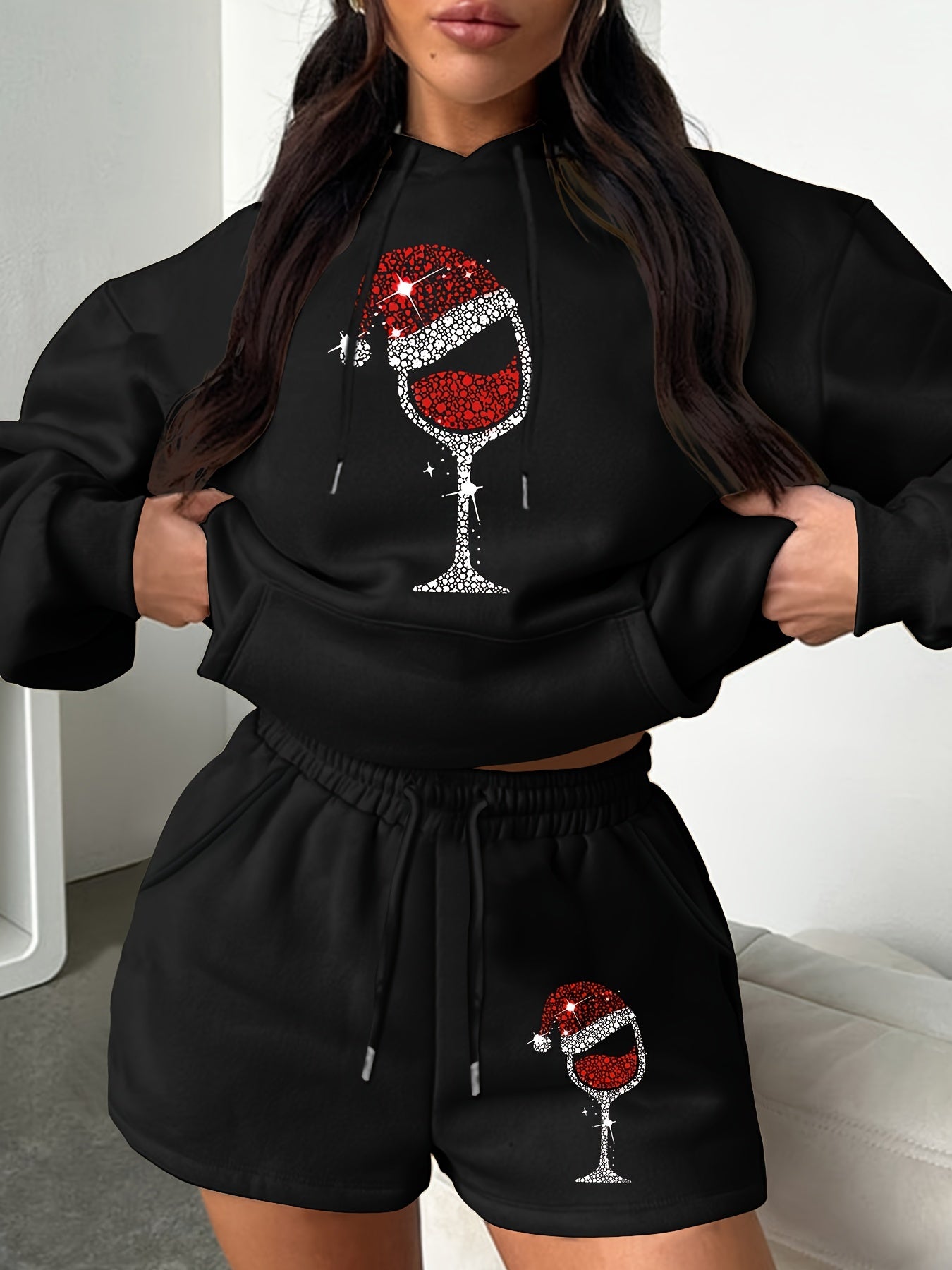 Women's Plus Size Christmas Hoodie & Shorts Outfit Set