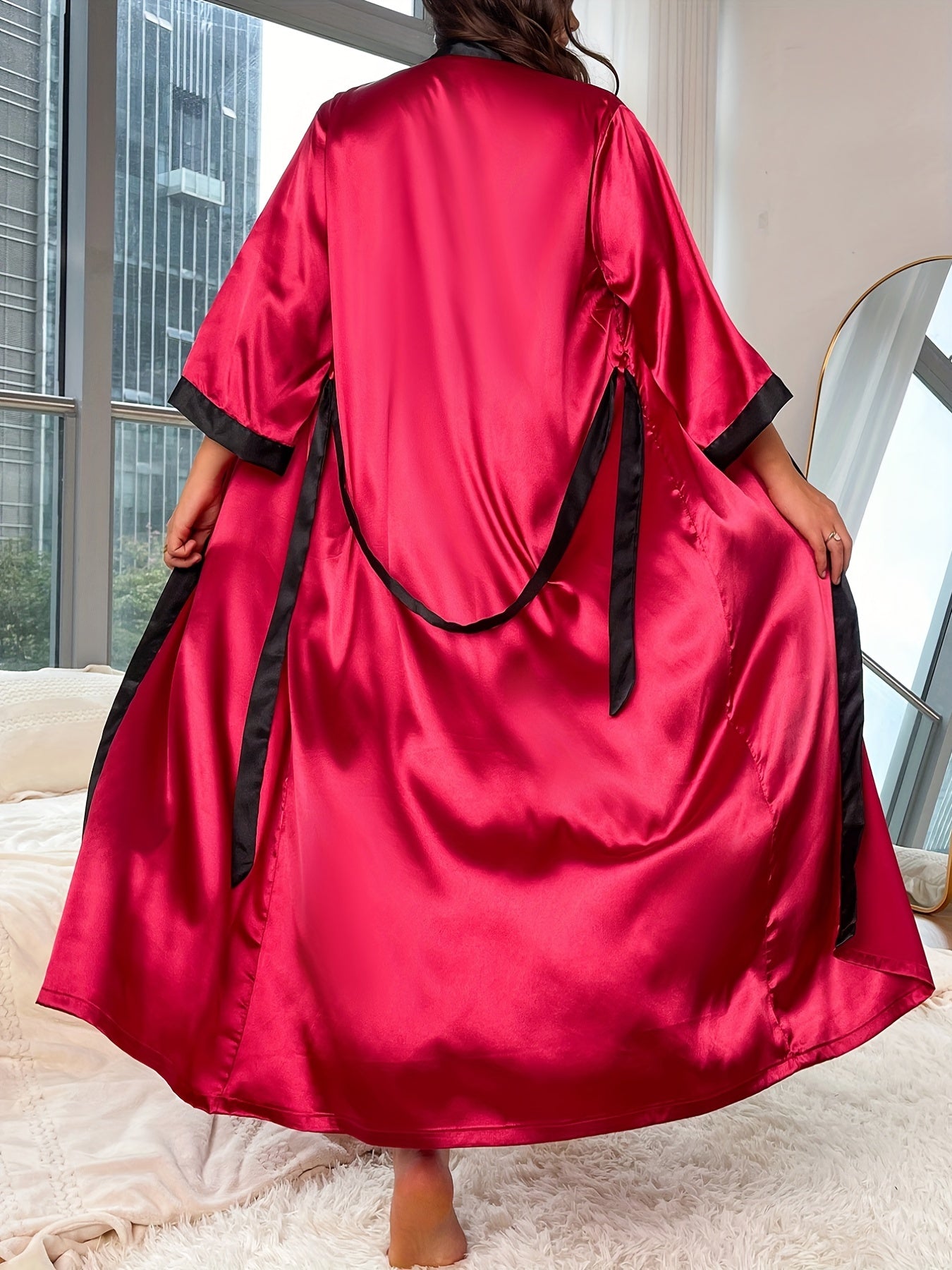 Colorblock Satin Nightgown V-Neck Robe with Belt