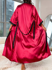 Colorblock Satin Nightgown V-Neck Robe with Belt