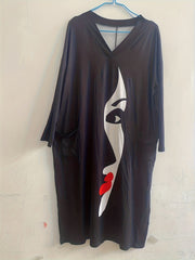 Women's Abstract Face Print Long Sleeve V Neck Dress