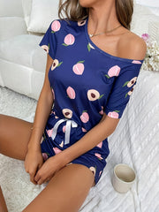 Peach Print Lounge Set Crew Neck Short Sleeve Top & Bow Decor Shorts