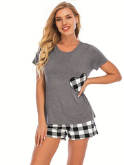 Heart Print Pajama Set Crew Neck Top & Plaid Shorts