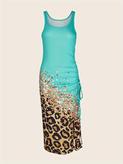 Leopard Print Drawstring Dress Sexy Crew Neck Sleeveless Maxi Dress