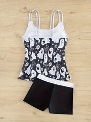 Ghost Print Tankini Set - Women's Plus Halloween Tank Top & Shorts