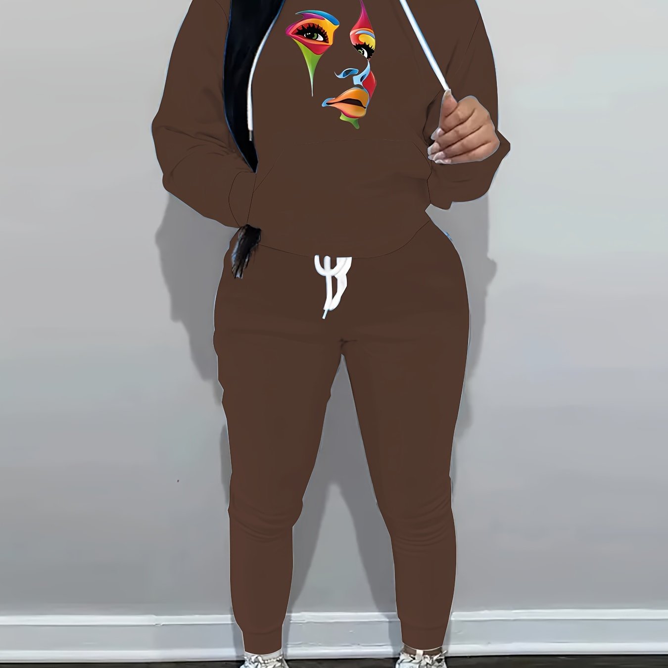 Women's Plus Abstract Face Print Hoodie & Joggers Set