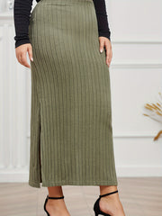 Ribbed Maxi Skirt High Rise Side Split