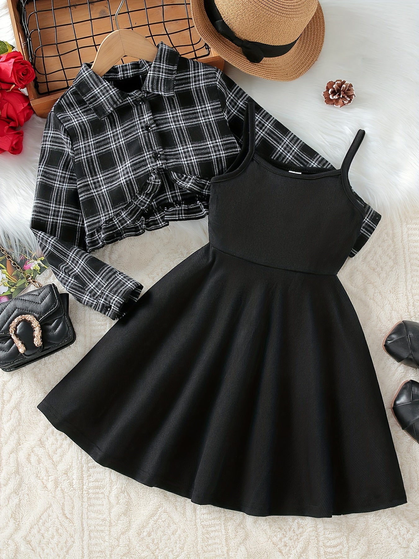 Girls A-line Dress & Plaid Shirt Set Kids Summer Clothes