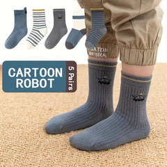 Boys Robot Pattern Striped Crew Socks for Autumn Winter