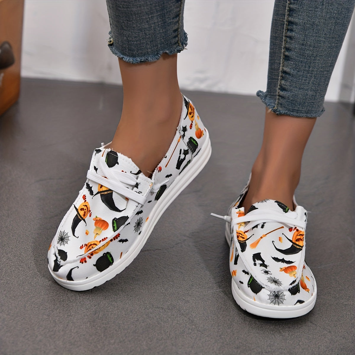 Women's Halloween Canvas Sneakers Ghost Face Pumpkin Print Low Top Flats