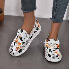 Women's Halloween Canvas Sneakers Ghost Face Pumpkin Print Low Top Flats