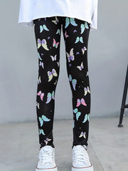 Girls Butterfly Flower Print Leggings Outdoor Casual Stretchy Pants