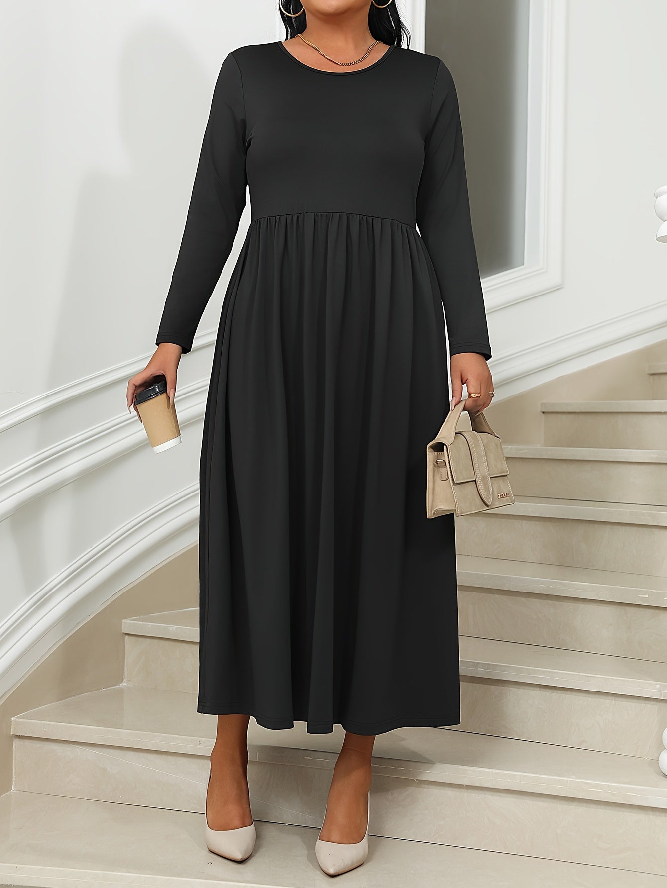 Maxi Dress Long Sleeve Round Neck Solid