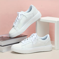 Solid Lace Up Flat Skate Shoes Women's Faux Leather Comfort Sneakers