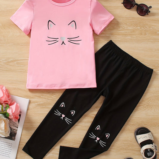 Girls Cat Print Short Sleeve Tee & Pants Set