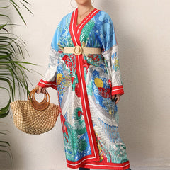 Boho Kimono Women's Plus Colorblock Print Long Sleeve Cover Up