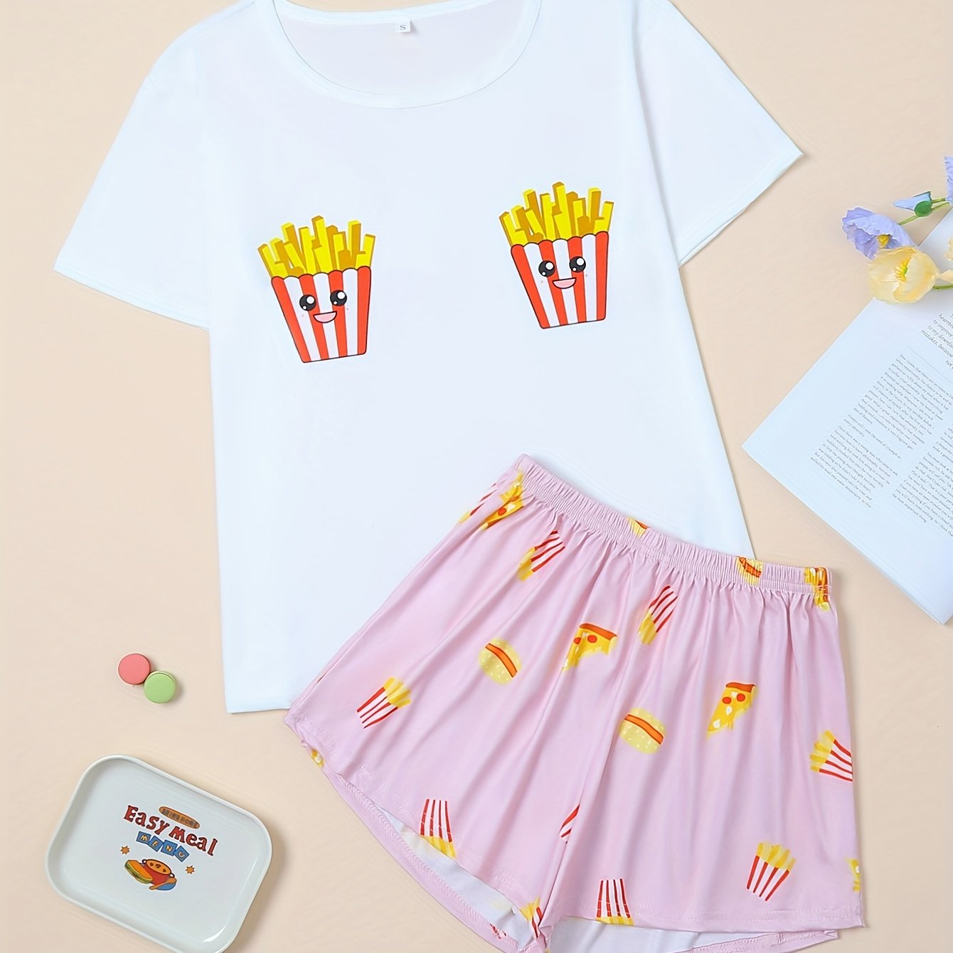 Fries Print Pajama Set Short Sleeve Top & Shorts Women's Sleepwear