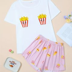 Fries Print Pajama Set Short Sleeve Top & Shorts Women's Sleepwear