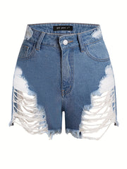 Sexy Denim Shorts Plus Size Ripped Fringe Trim Button Fly Pockets