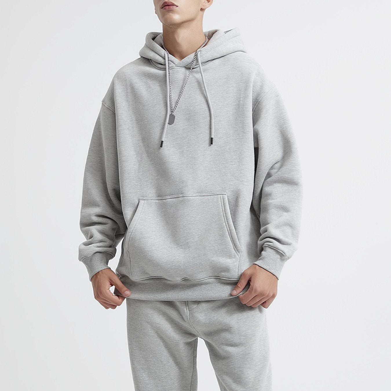 Men's Light Grey Hoodie Casual Polyester & Cotton Hooded Sweatshirt Tops