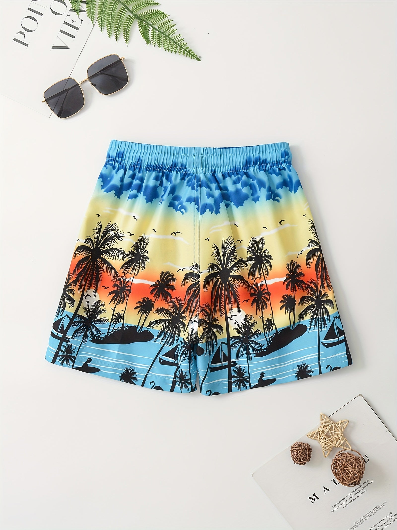 Tropical Plant Pattern Swim Trunks for Boys - Beach Shorts for Summer Vacation