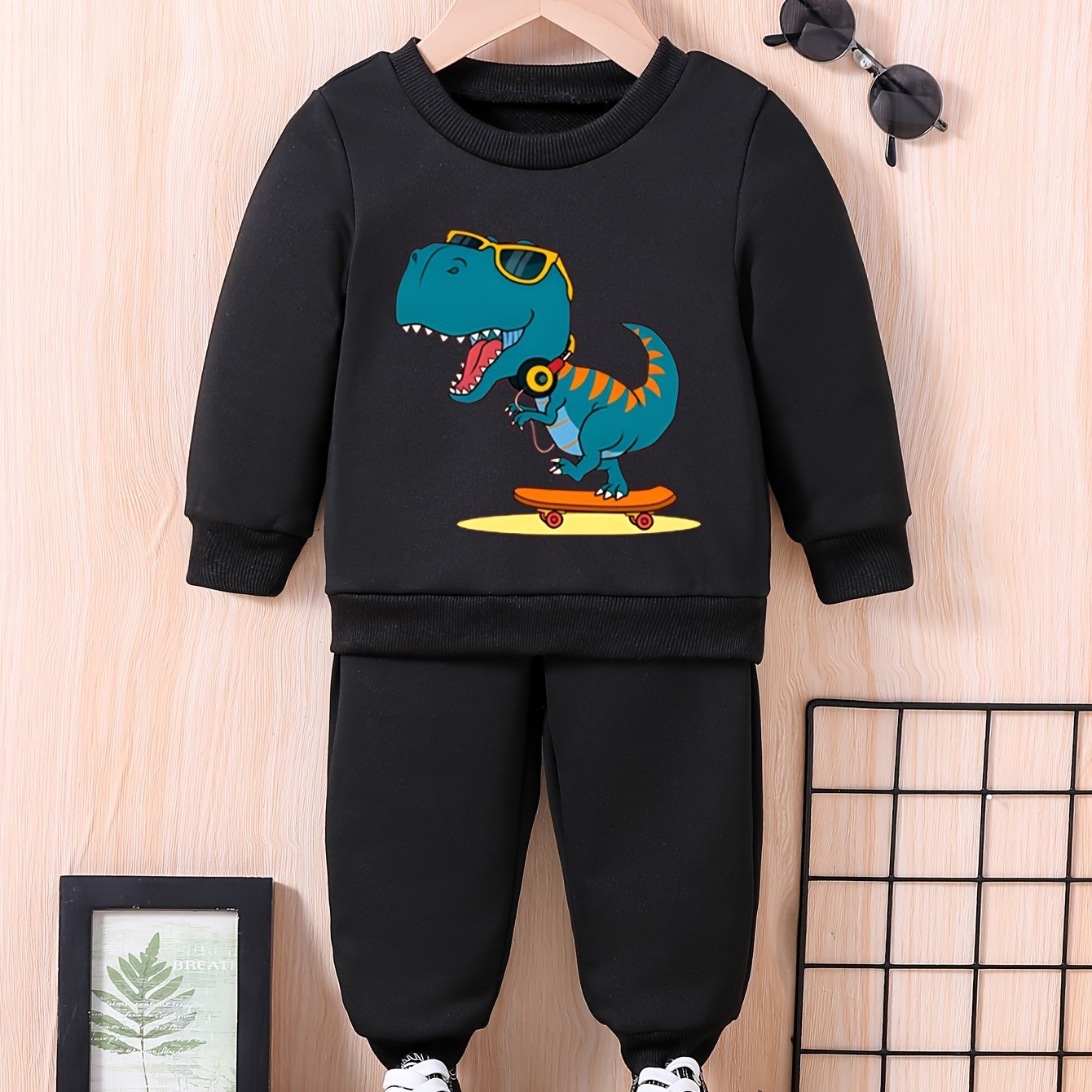 Baby Dinosaur Skateboard Print Casual Outfit Long Sleeve Sweatshirt Trousers Set