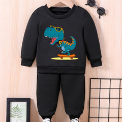 Baby Dinosaur Skateboard Print Casual Outfit Long Sleeve Sweatshirt Trousers Set