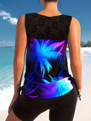 Women's Plus Tropical Print Tankini Set with Lace Top & Shorts
