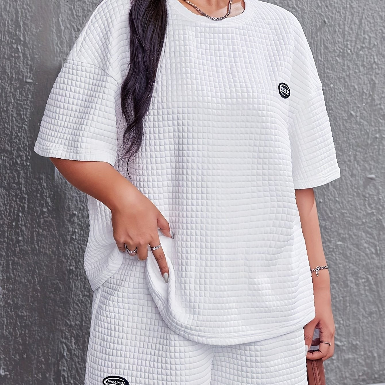 Letter Patched Waffle Knit Crew Neck Top & Shorts Pajamas Set