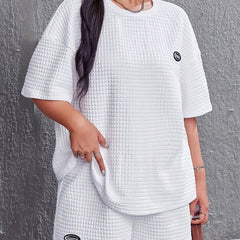 Letter Patched Waffle Knit Crew Neck Top & Shorts Pajamas Set