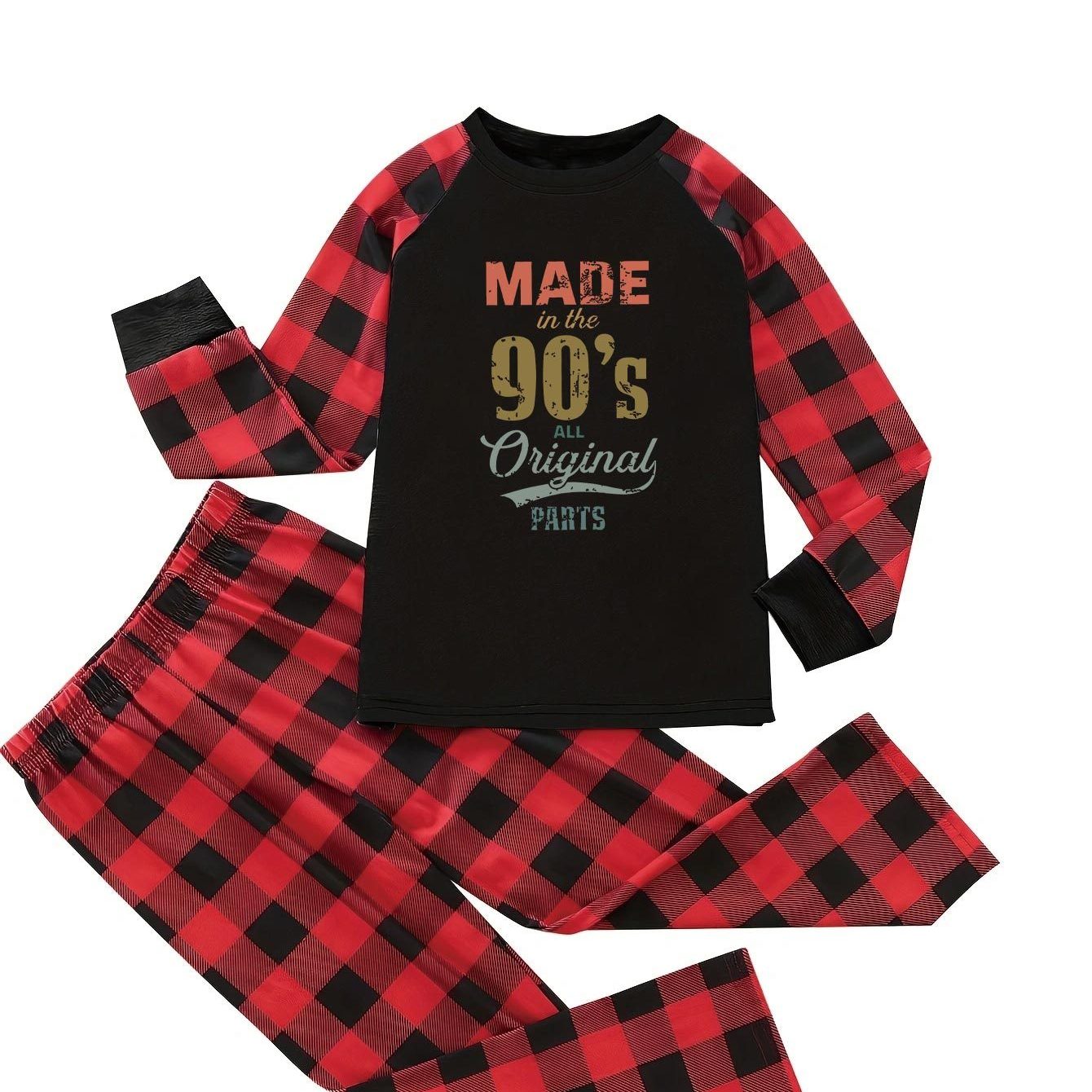 Colorblock Gingham & Slogan Print Pajama Set