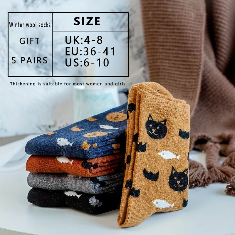 5 Pairs Cartoon Cat Print Socks Women's Mid Tube Stockings