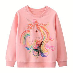 Girls Unicorn Print Crew Neck Sweatshirt for Sports Casual Outfit